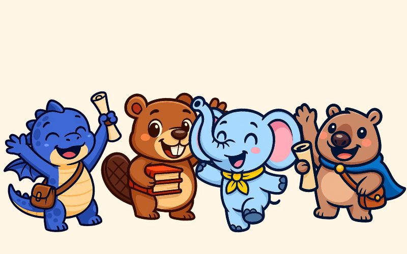 The MathQuest cast from the game's own art: Daviel the dragon, Barry the beaver, Banjo the elephant and Wally the wombat.