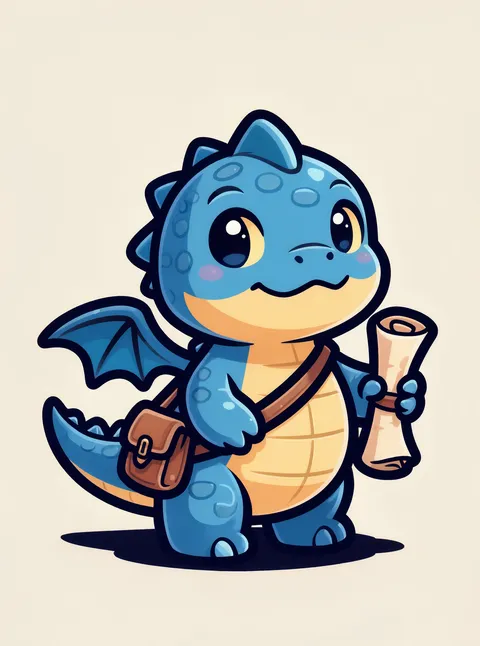 Daviel, MathQuest's friendly blue dragon, smiling and holding a rolled quest scroll.